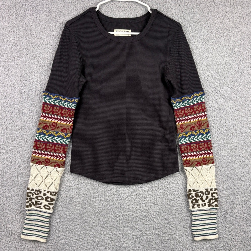 We The Free Thermal Shirt Womens Small Black All In Cuff Mixed Media Patchwork